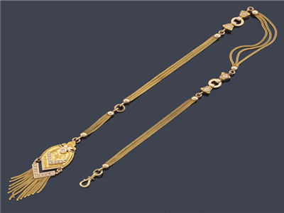 Tipo: Leontina Flecos - Estilo: Siglo XIX - Material: Oro Amarillo - Piedras: Aljofares